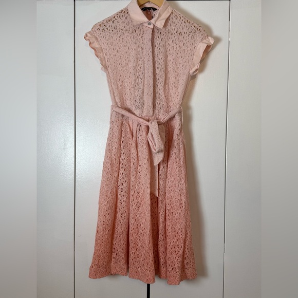 Abbey Glass Pink Lace Midi Dress Small Sheer Belted Collared - Picture 2 of 5